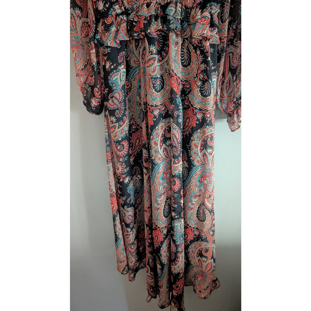 BR x Olivia Palermo Silk Paisley Hi-Low Maxi Dress Black Teal Orange XS - Picture 5 of 16